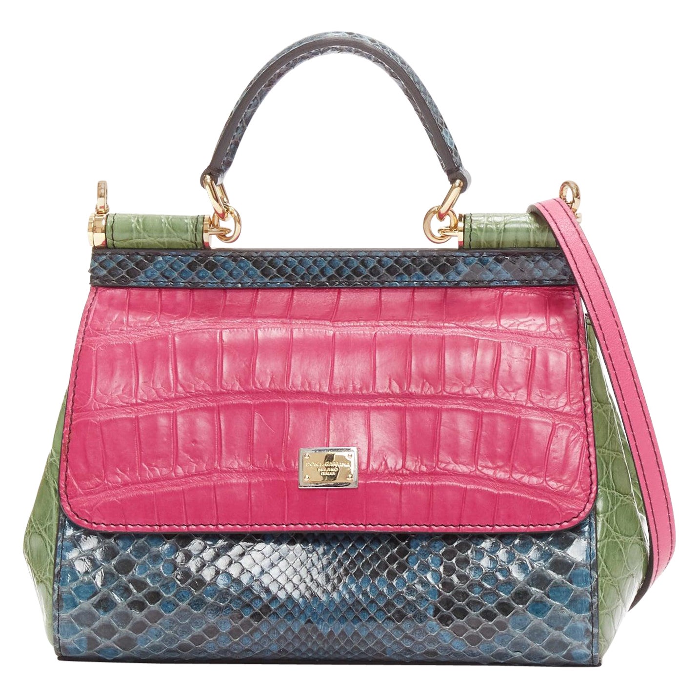 DOLCE GABBANA Miss Sicily sac à bandoulière en cuir vert marine à échelles colorées en vente