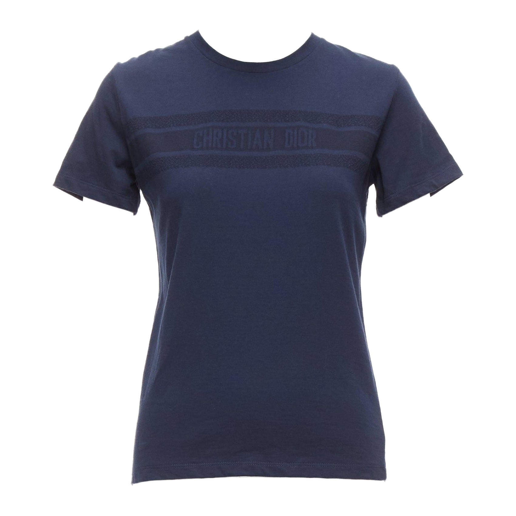 CHRISTIAN DIOR navy textured logo stripe front crew neck short sleeve tshirt XS For Sale