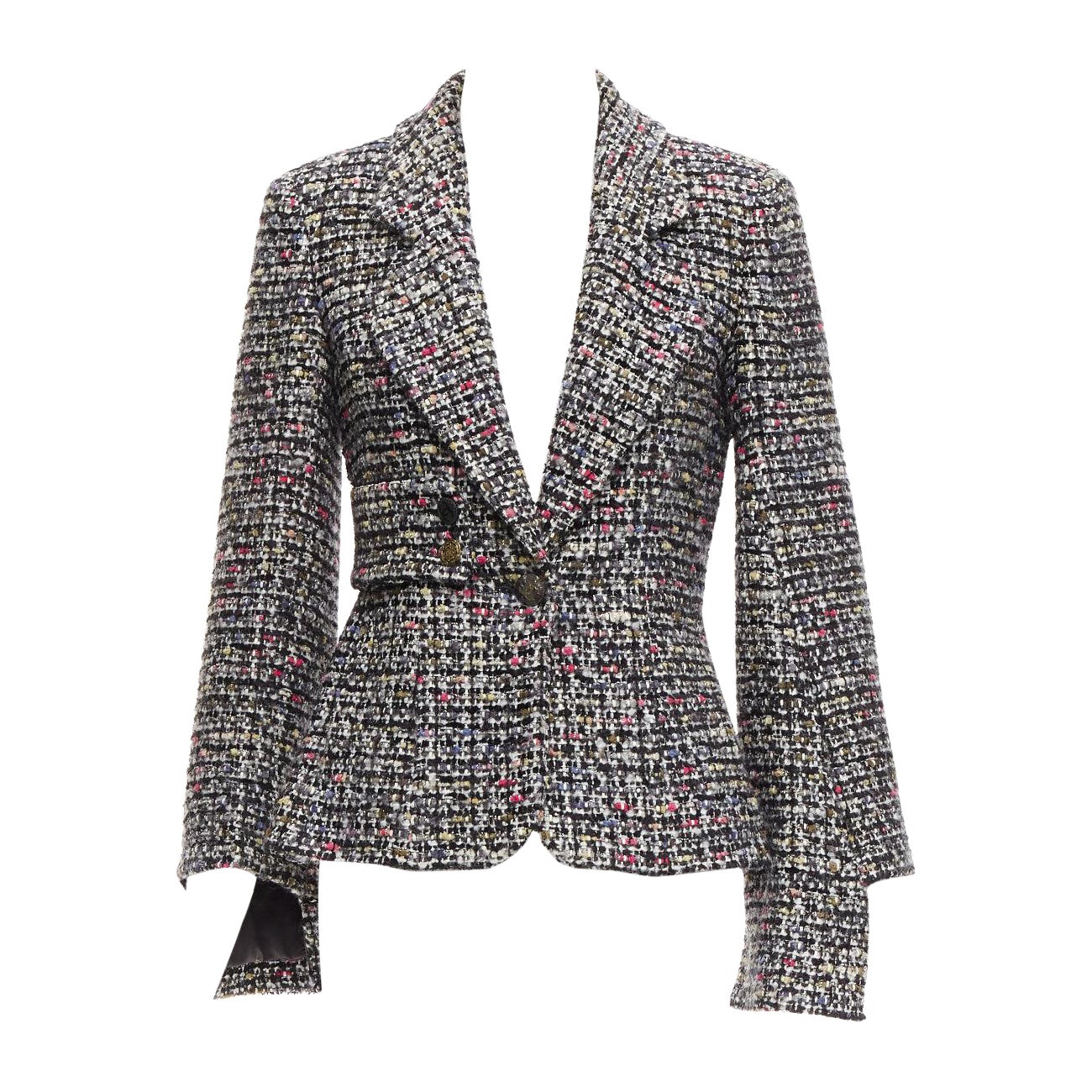 TIGER IN THE RAIN CHANEL Custom grey tweed CC reconstructed jacket FR36 S For Sale
