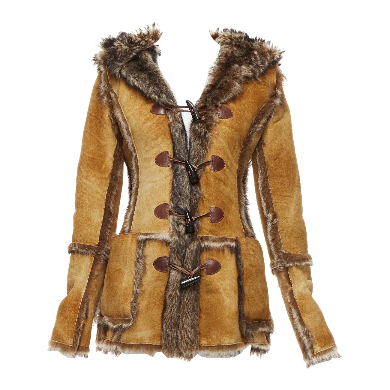DOLCE GABBANA Vintage tan fur genuine sheepskin fur hooded toggle coat IT38 XS For Sale