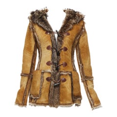 DOLCE GABBANA Vintage tan fur genuine sheepskin fur hooded toggle coat IT38 XS