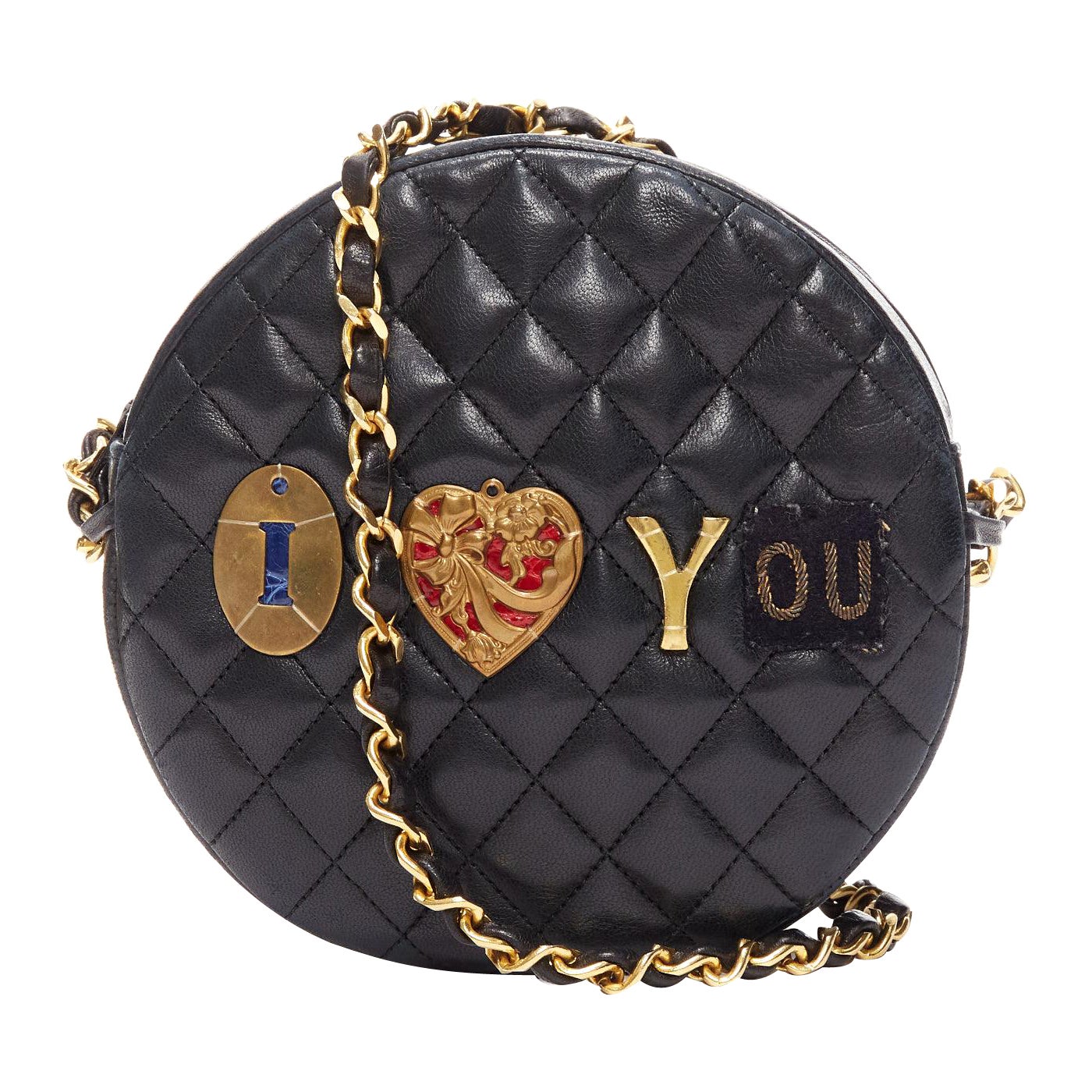TIGER IN THE RAIN CHANEL Vintage I Love You applique round crossbody chain bag For Sale