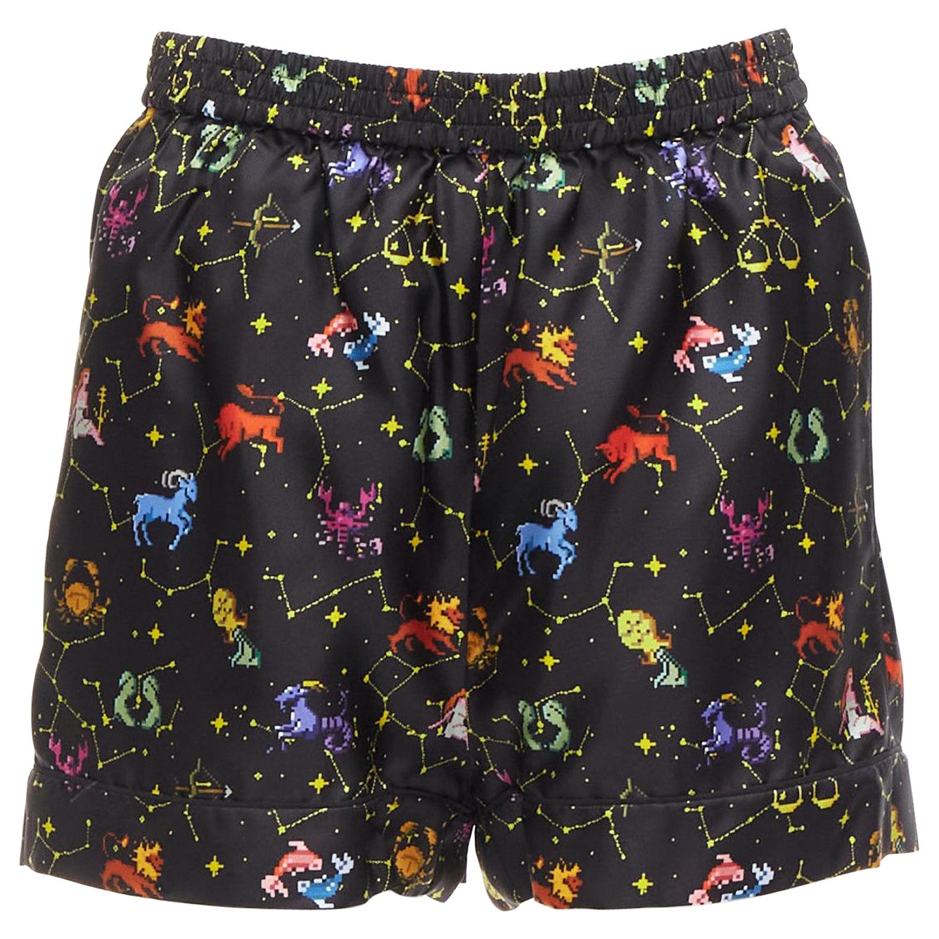DIOR Lucky Dior 100% silk black colorful astrology cuffed boxer shorts FR32 XXS For Sale