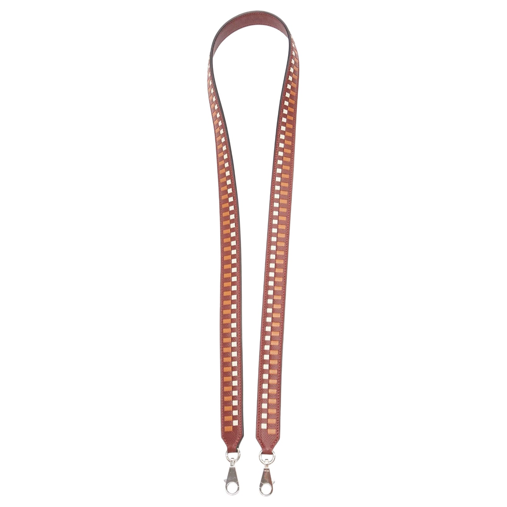 HERMES Sangle 25 brown white woven leather silver hardware bag strap For Sale