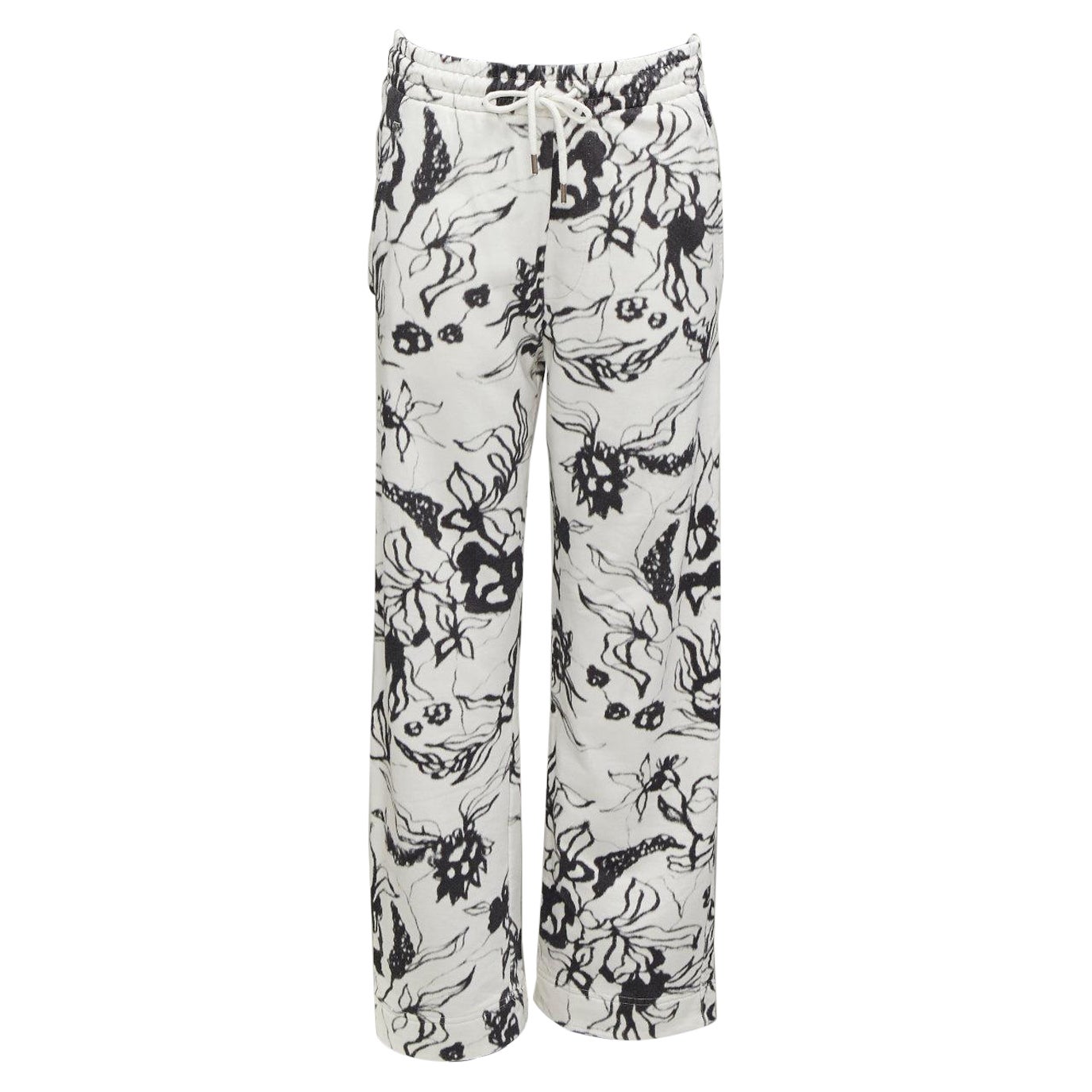DRIES VAN NOTEN black white cotton blurry abstract floral print sweatpants S For Sale