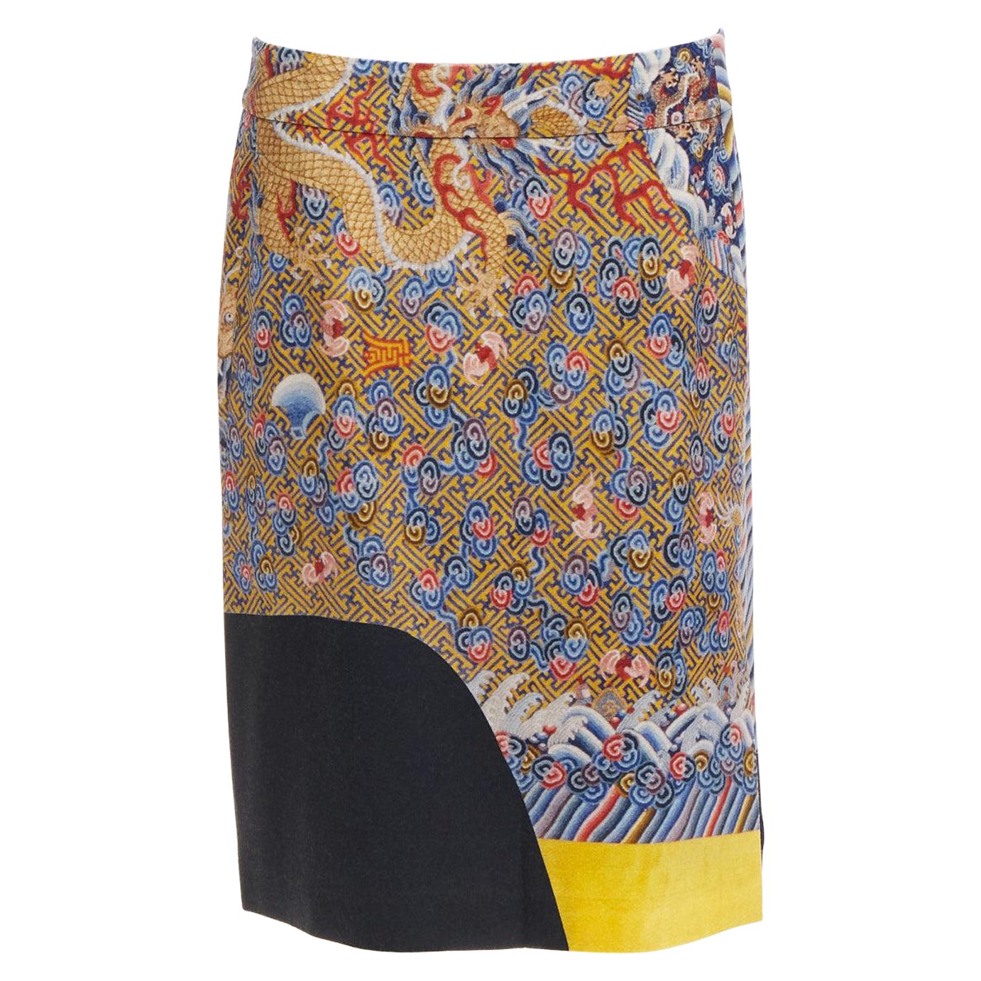 DRIES VAN NOTEN 2012 Runway oriental dragon colorblocked wool blend skirt FR40 L For Sale