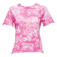 DIOR Toile de Jouy pink tree tiger print cotton linen casual tshirt XS