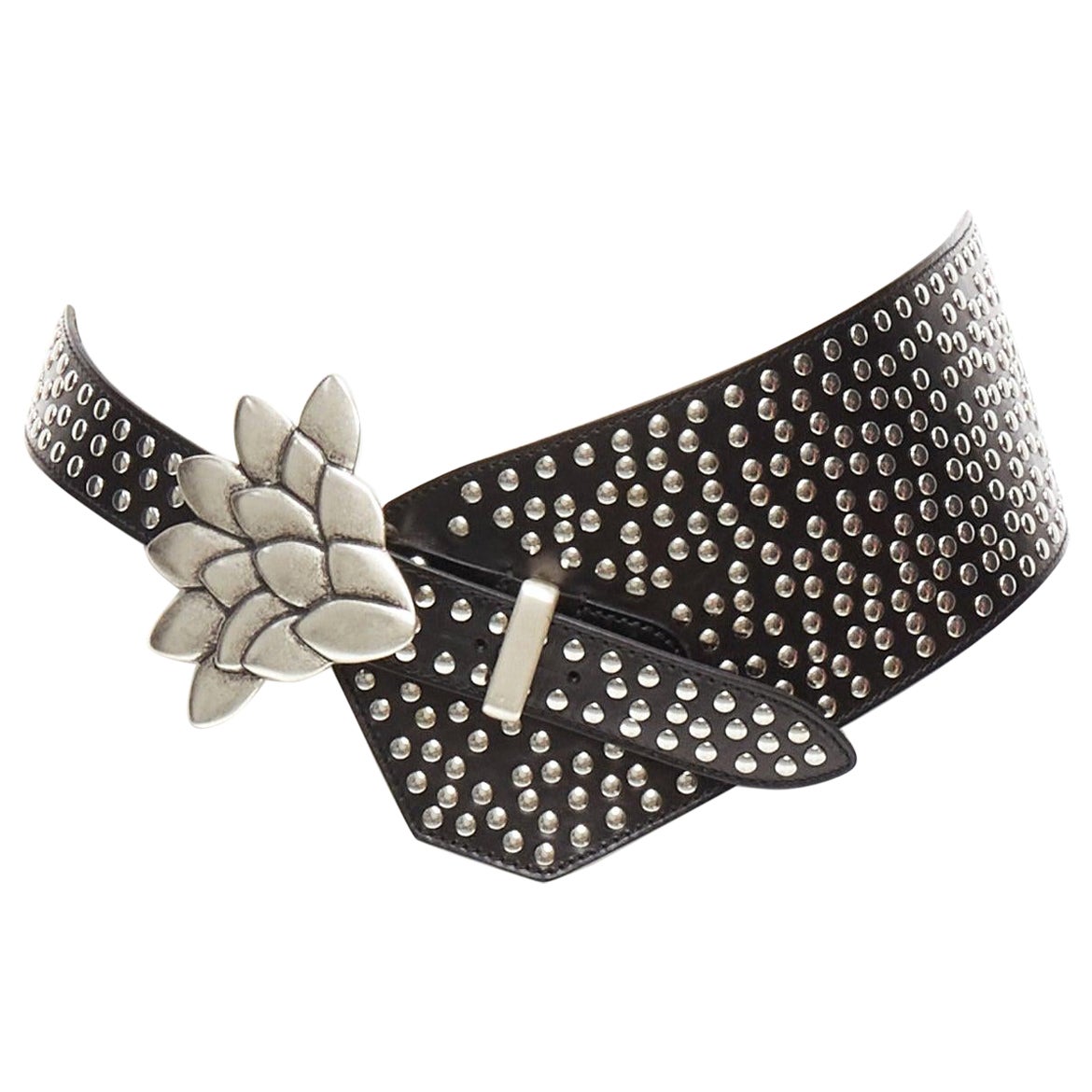 ISABEL MARANT Lowai silver petals buckle studded black leather wide belt S For Sale