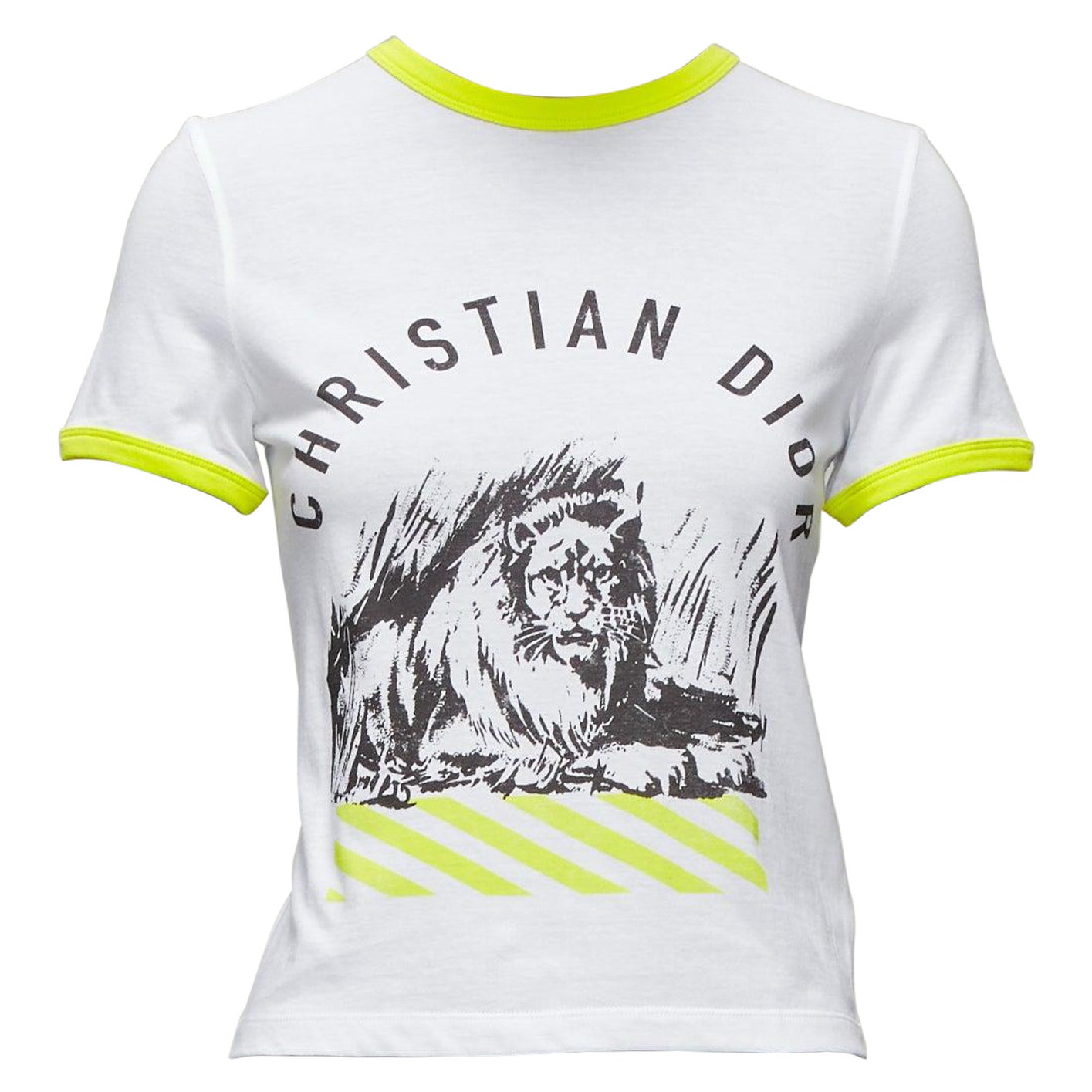 DIOR 2022 logo lion graphic print yellow cropped white cotton ringer tshirt XS For Sale