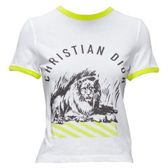 DIOR 2022 logo lion graphic print yellow cropped white cotton ringer tshirt XS