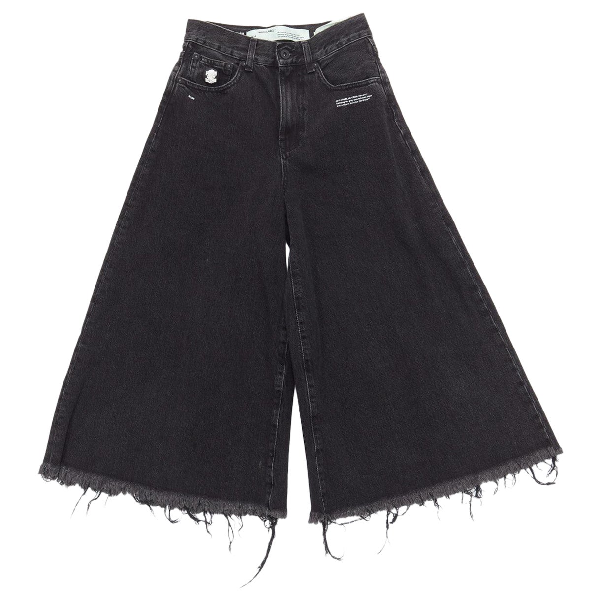 OFF WHITE C/O VIRGIL ABLOH black denim logo pin frayed hem wide culotte jeans XS For Sale
