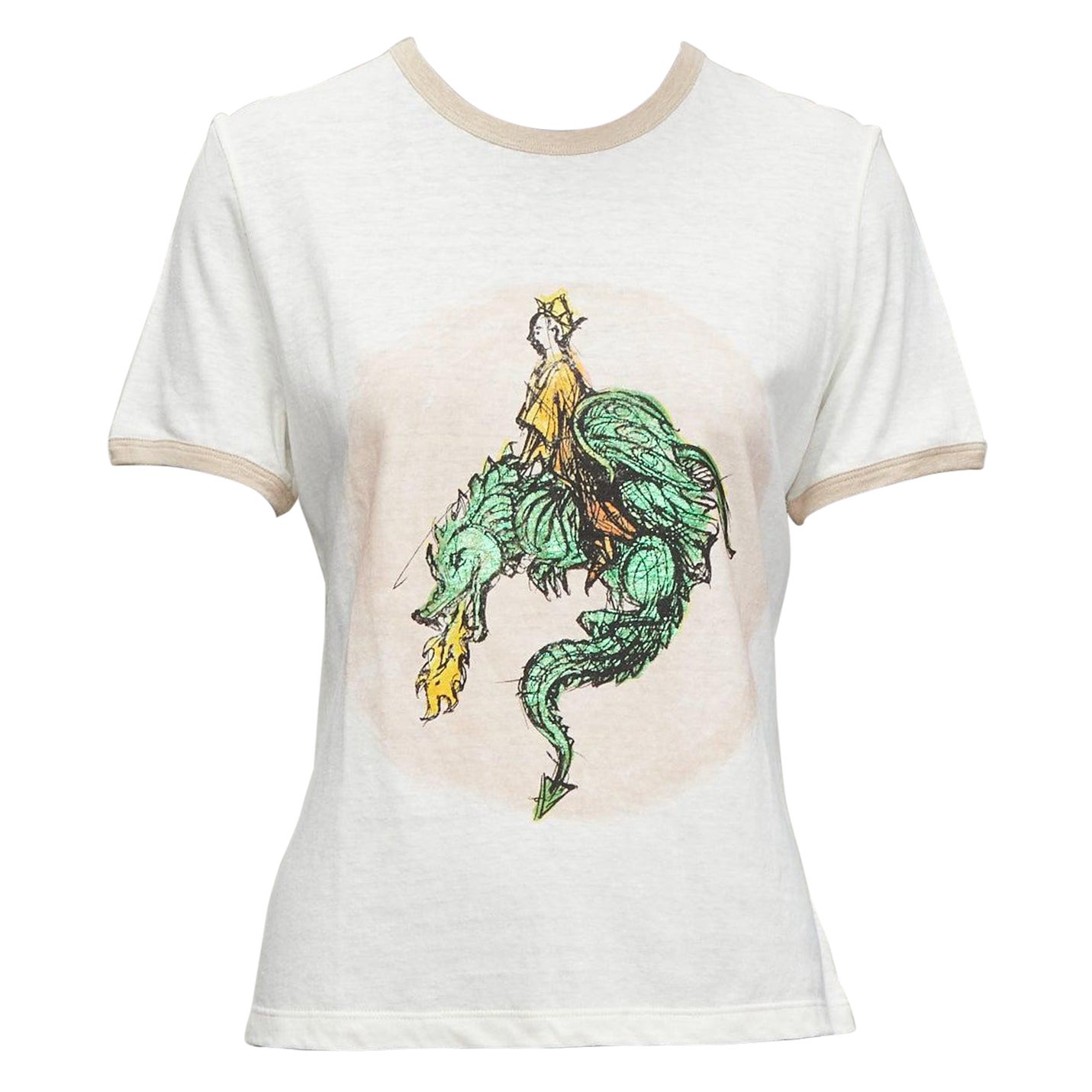 CHRISTIAN DIOR Princess and Dragon green cream beige foil print ringer tshirt XS For Sale
