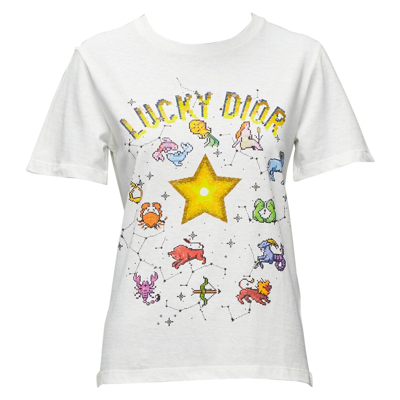 DIOR Lucky Dior Zodiac Pixel print white cotton linen short sleeve tshirt XS For Sale