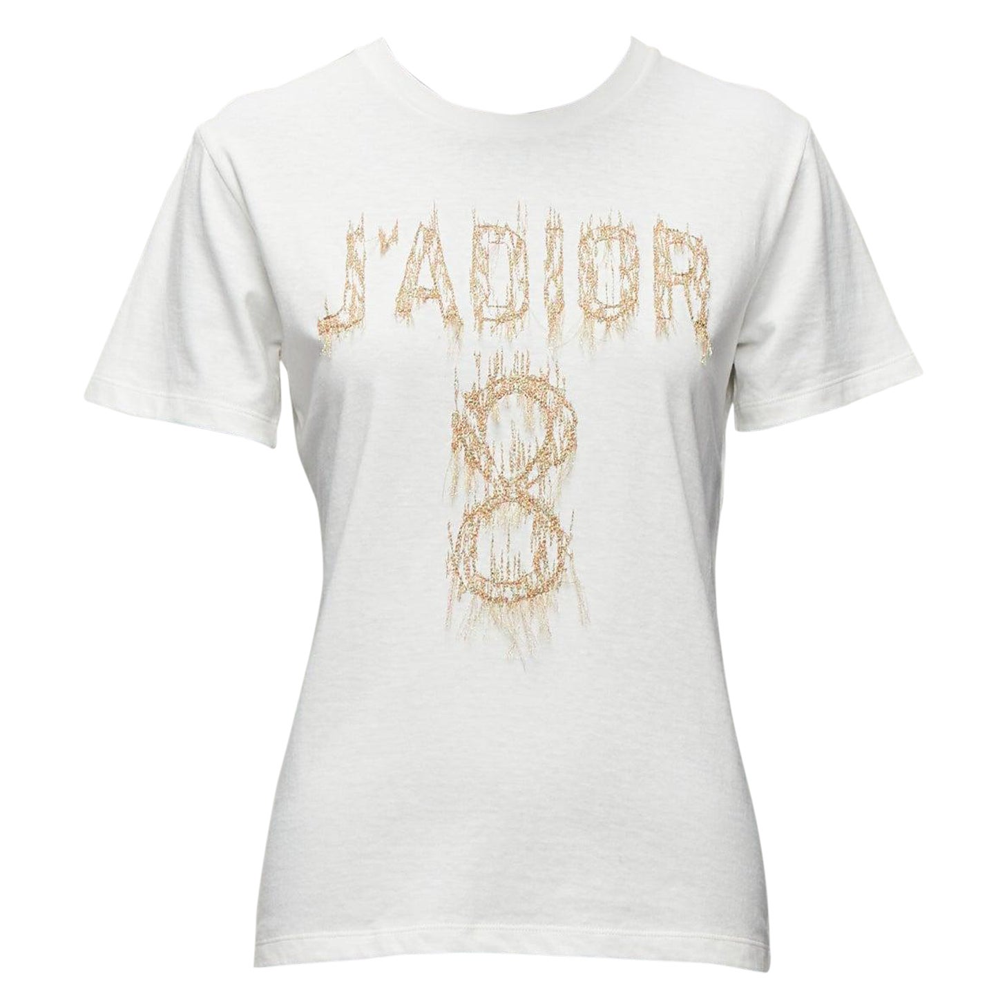 CHRISTIAN DIOR Jadior 8 gold lurex embroidery white cotton linen tshirt XS For Sale