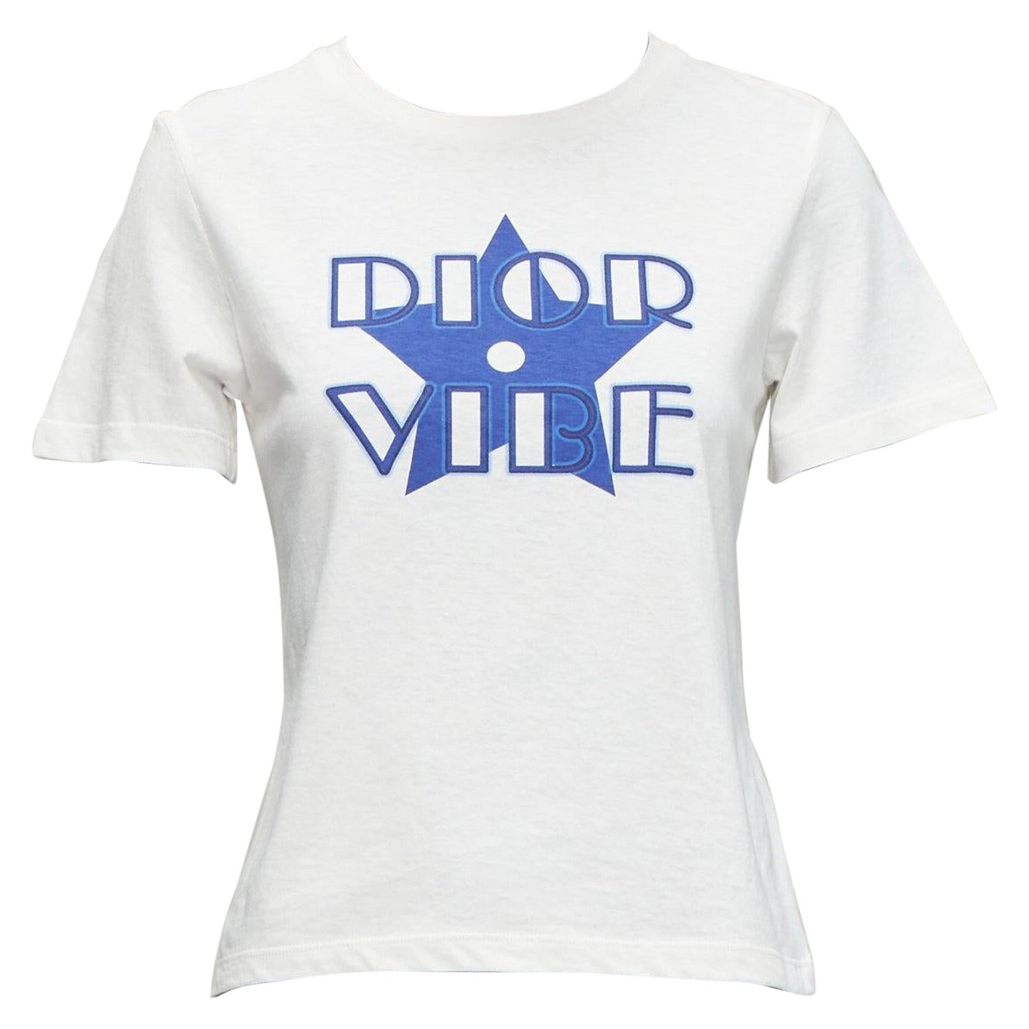 DIOR Vibe blue star logo graphic print white cotton linen short sleeve tshirt XS For Sale