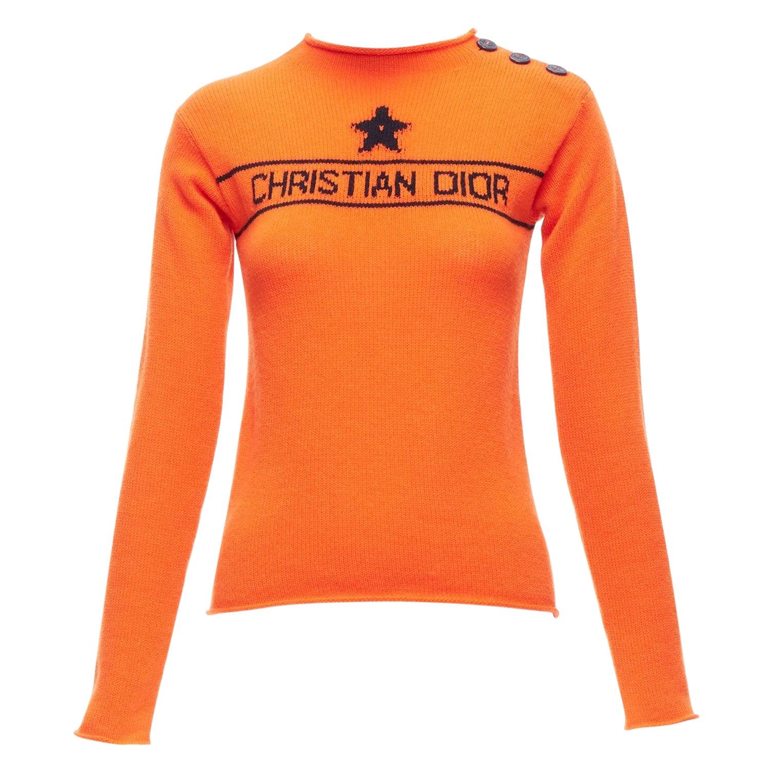 CHRISTIAN DIOR 2022 cashmere orange star long sleeve button sweater FR34 XXS For Sale