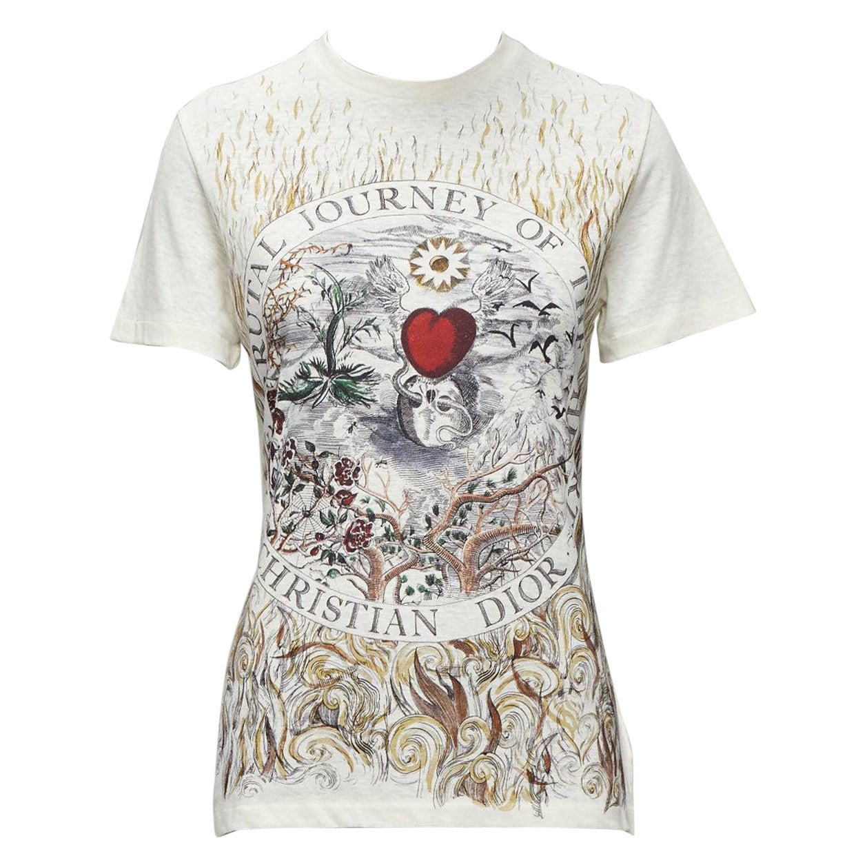 DIOR Brutal Journey OF The Heart graphic print ecru cotton linen tshirt XS For Sale