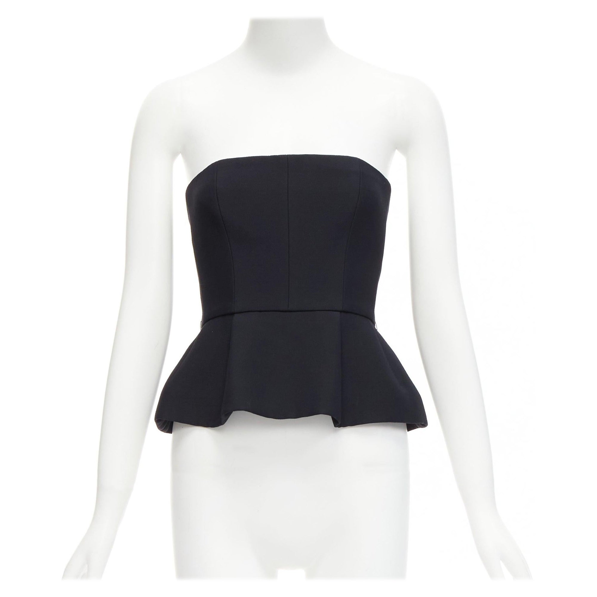 CHRISTIAN DIOR black wool silk minimal boned corset peplum bustier top FR34 XS For Sale