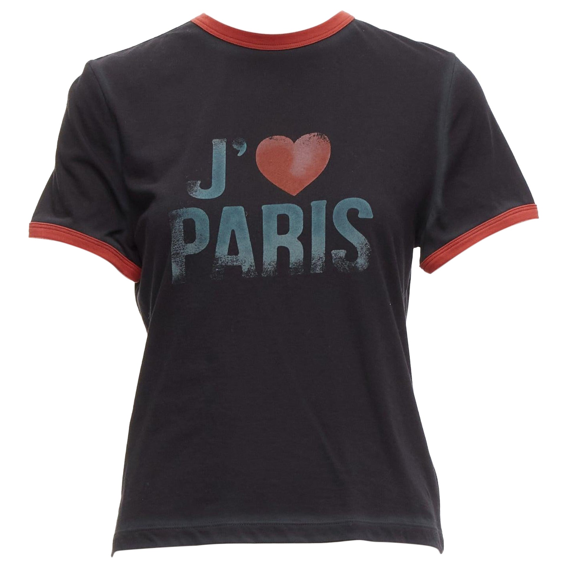 seltene DIOR Valentines schwarz rot J'adior Paris Vintage Druck Ringer-T-Shirt XS im Angebot