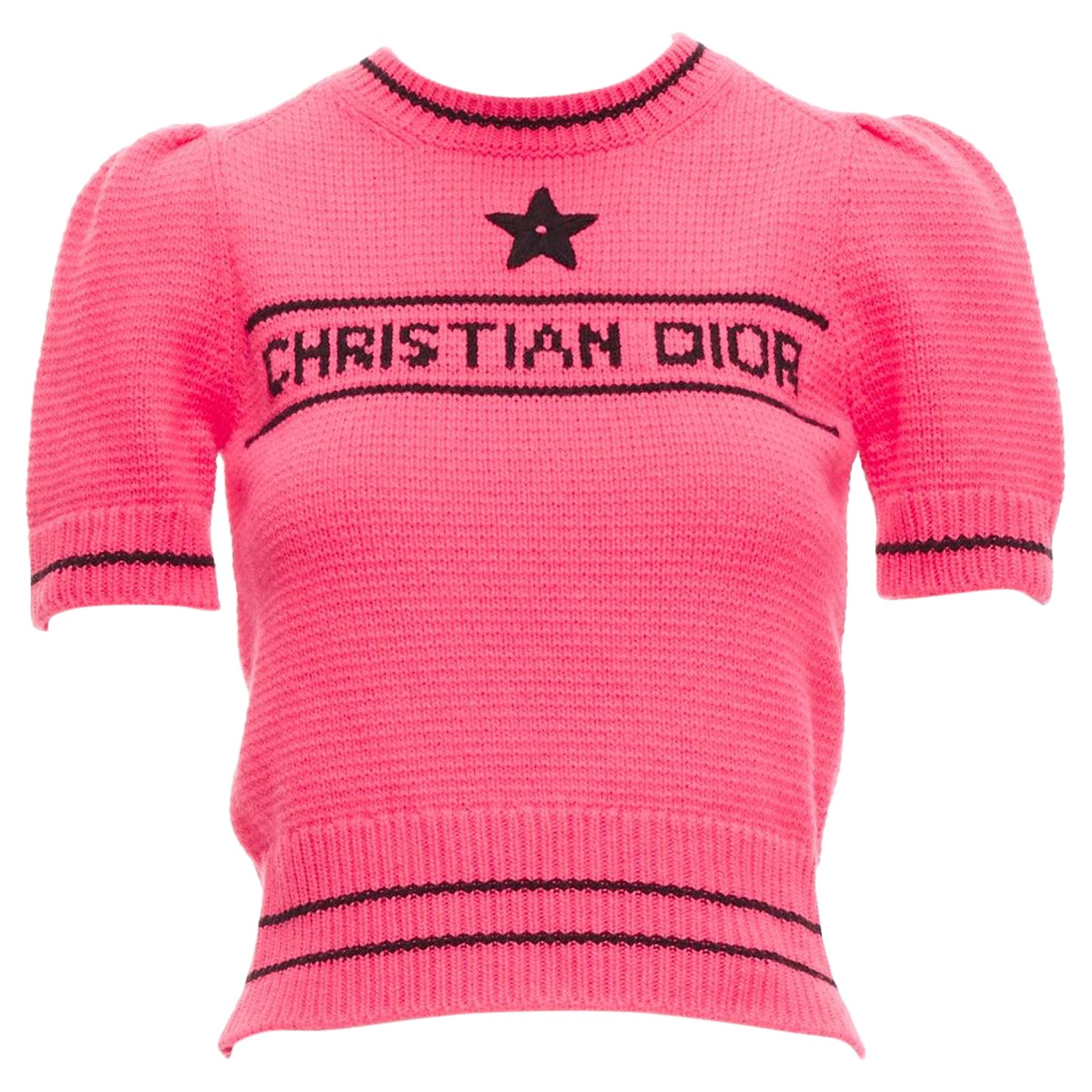 CHRISTIAN DIOR 2022 100% cashmere black logo puff sleeve crop sweater FR34 XXS For Sale