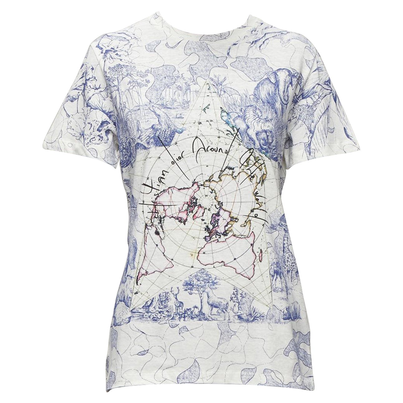 DIOR Around The World Fantaisie blue white print cotton linen tshirt XS For Sale