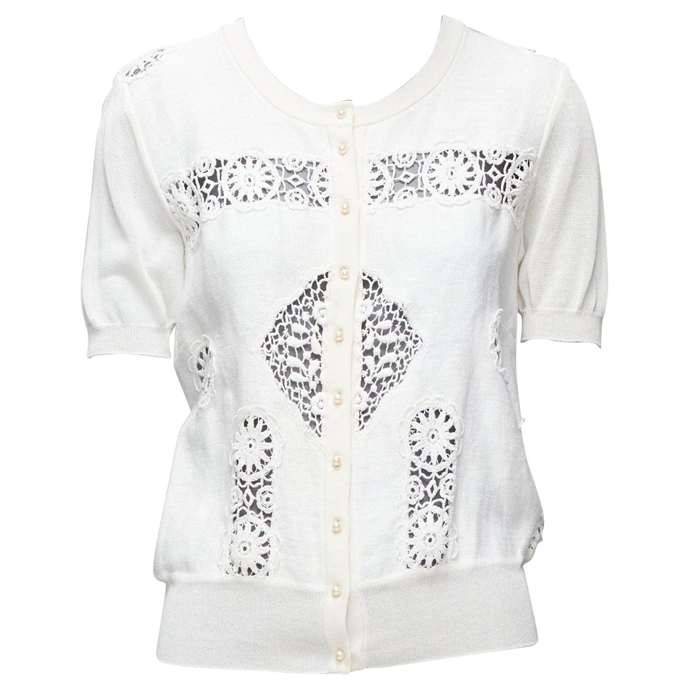DOLCE GABBANA cream lace eyelet pearl buttons short sleeve cardigan sweater IT44 For Sale