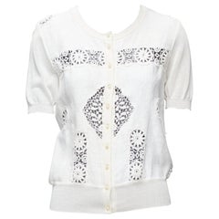 DOLCE GABBANA cream lace eyelet pearl buttons short sleeve cardigan sweater IT44