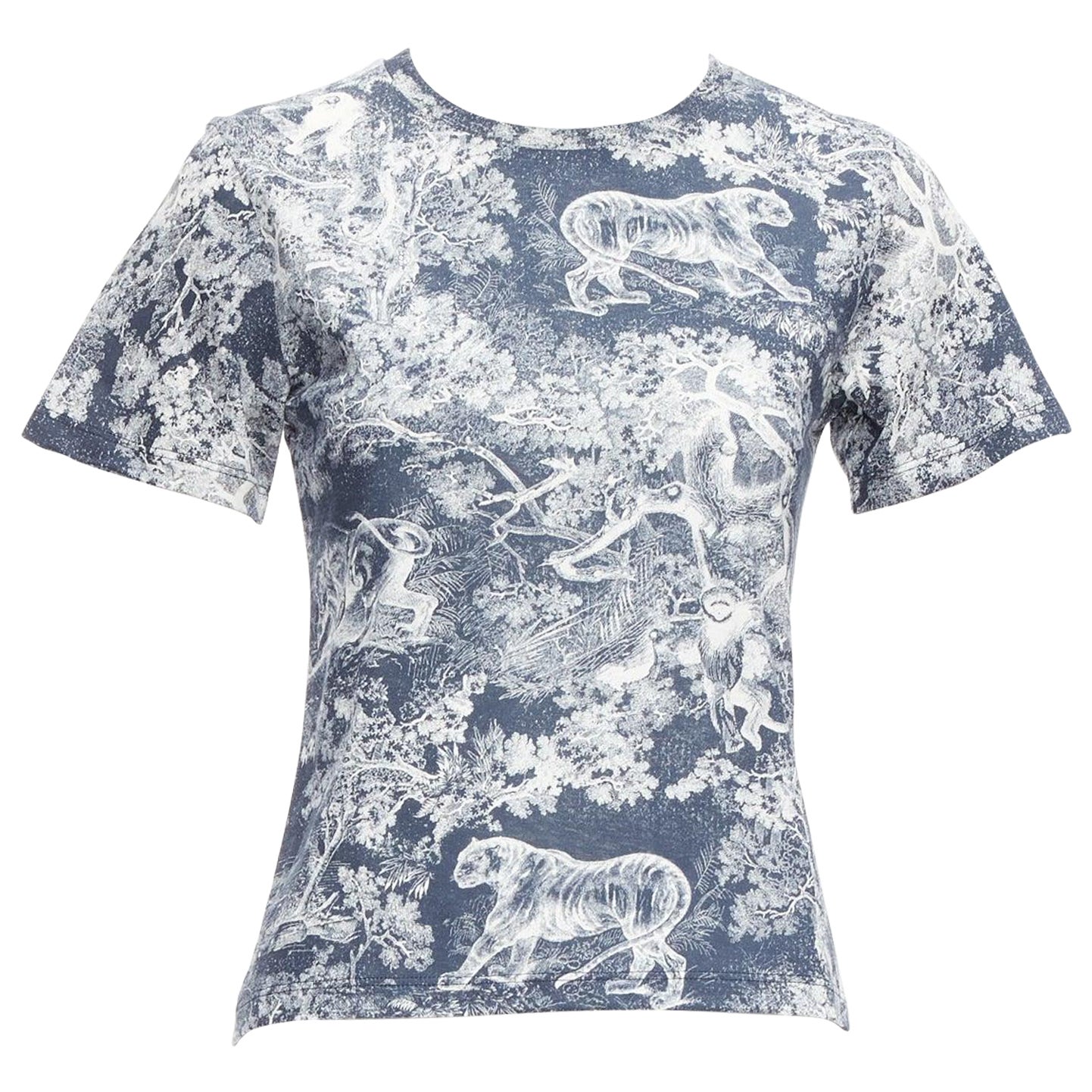 DIOR Toile De Jouy navy white tree tiger print cotton linen casual tshirt XS For Sale