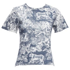 DIOR Toile De Jouy navy white tree tiger print cotton linen casual tshirt XS