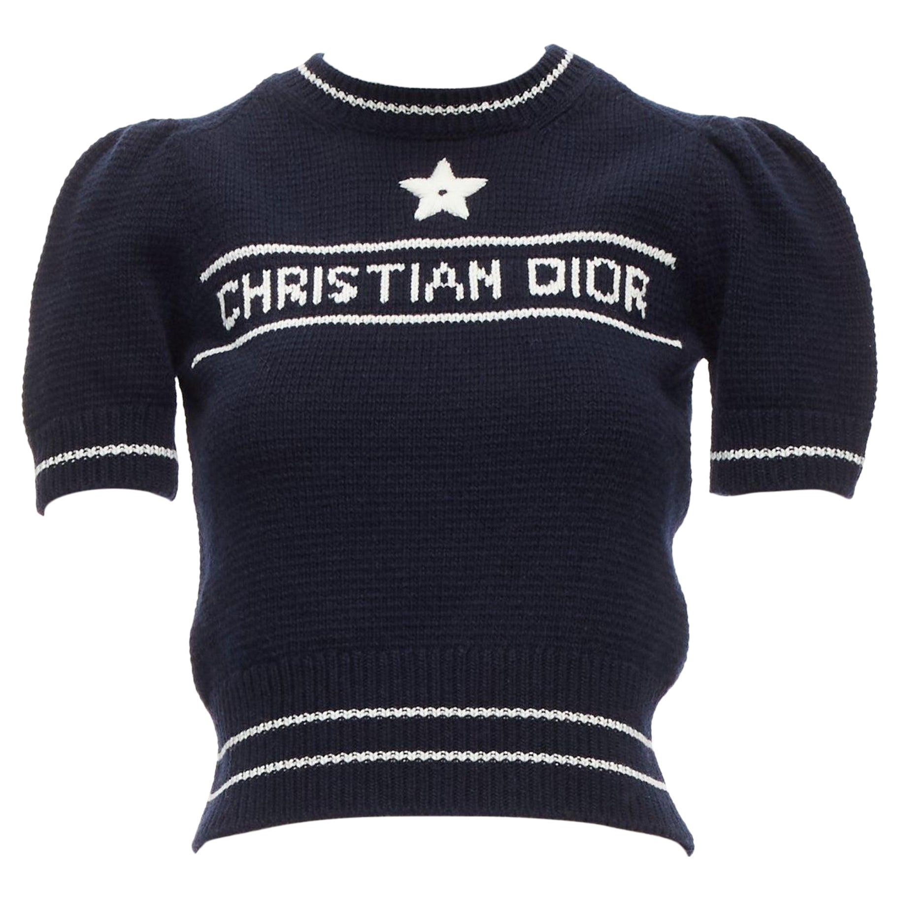 CHRISTIAN DIOR 2022 100% cashmere navy puff sleeve crew crop sweater FR34 XXS For Sale