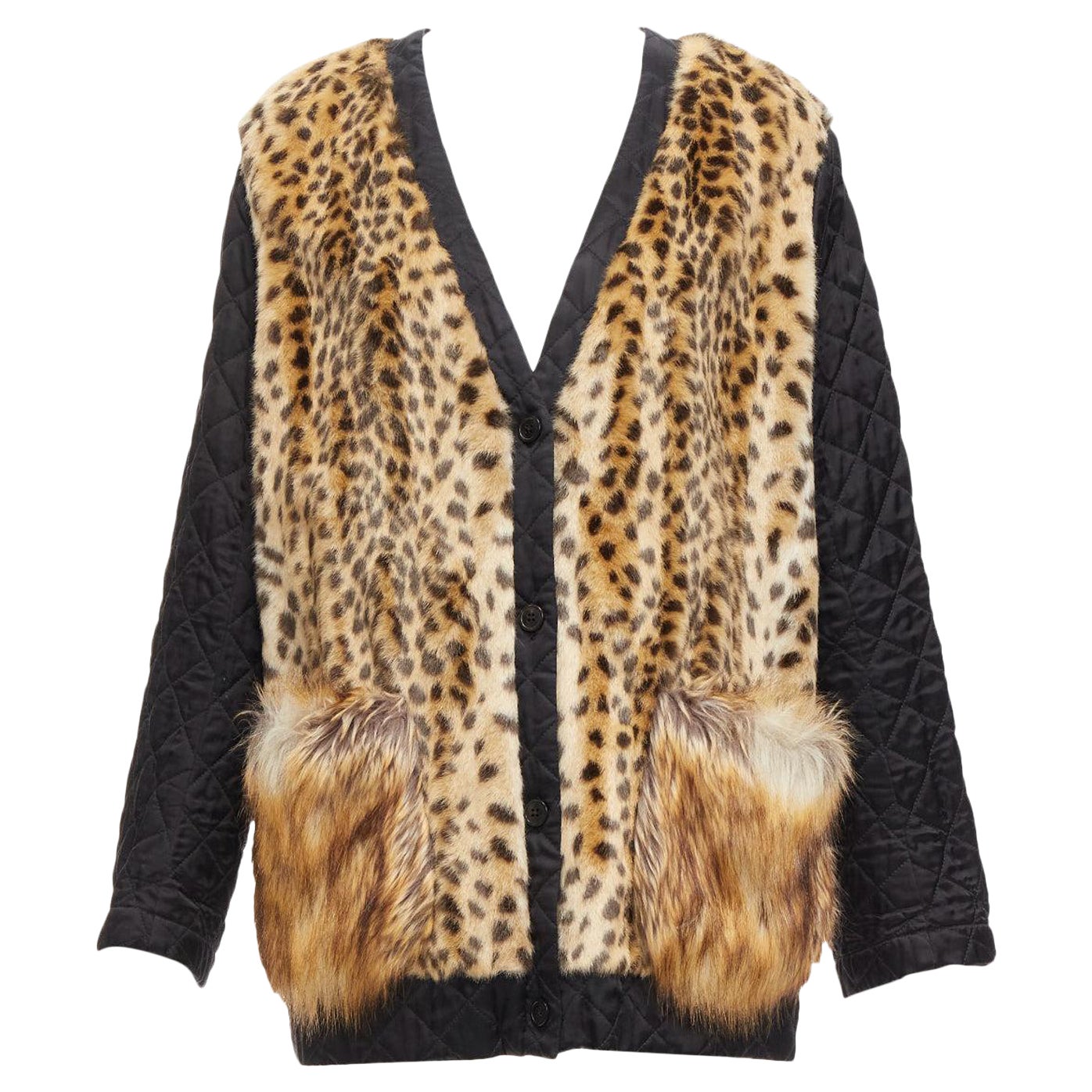 DRIES VAN NOTEN brown leopard faux fur patch pockets cardigan jacket FR38 M For Sale
