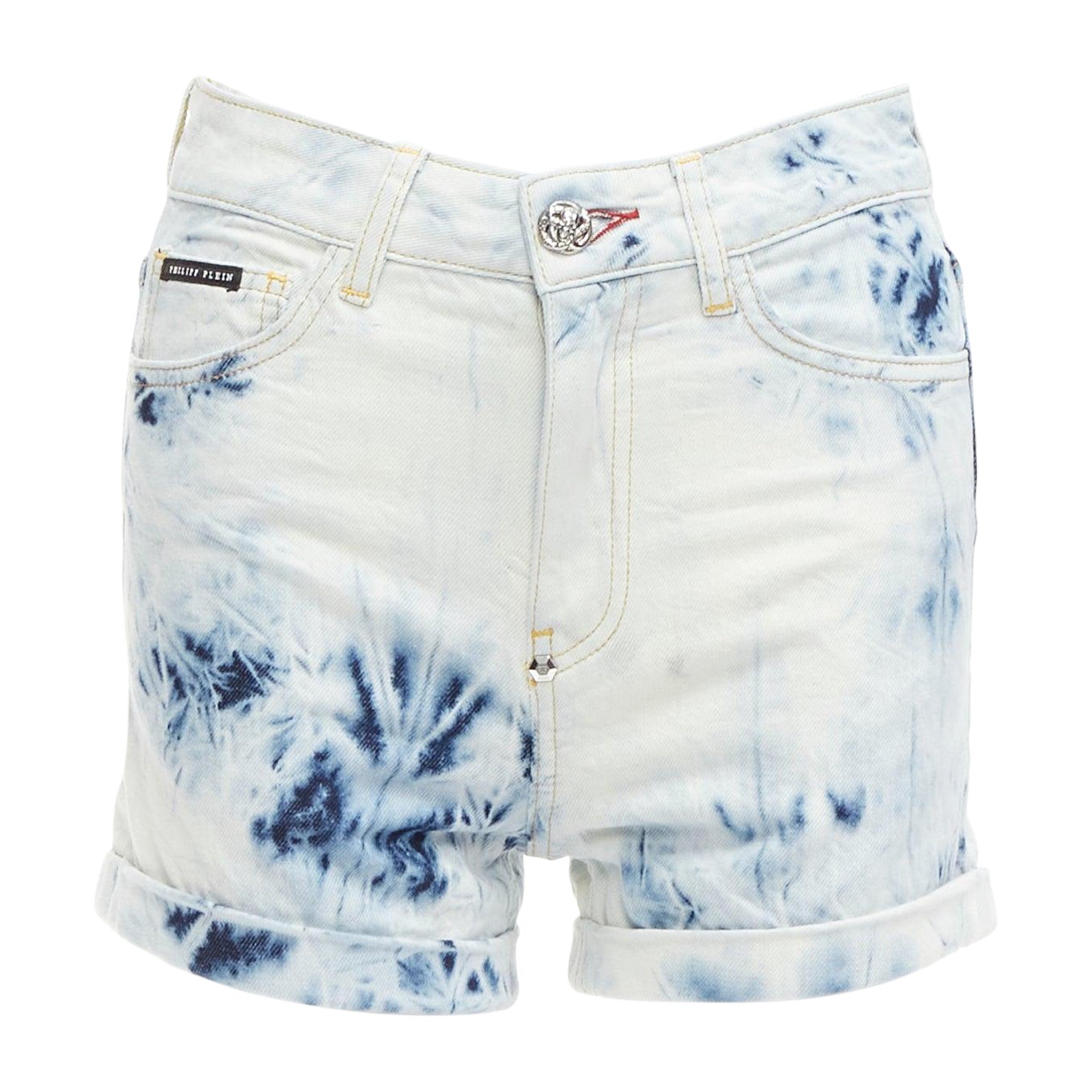 PHILLIP PLEIN Hot Pants blue acid washed logo tag cuffed shorts 25" For Sale