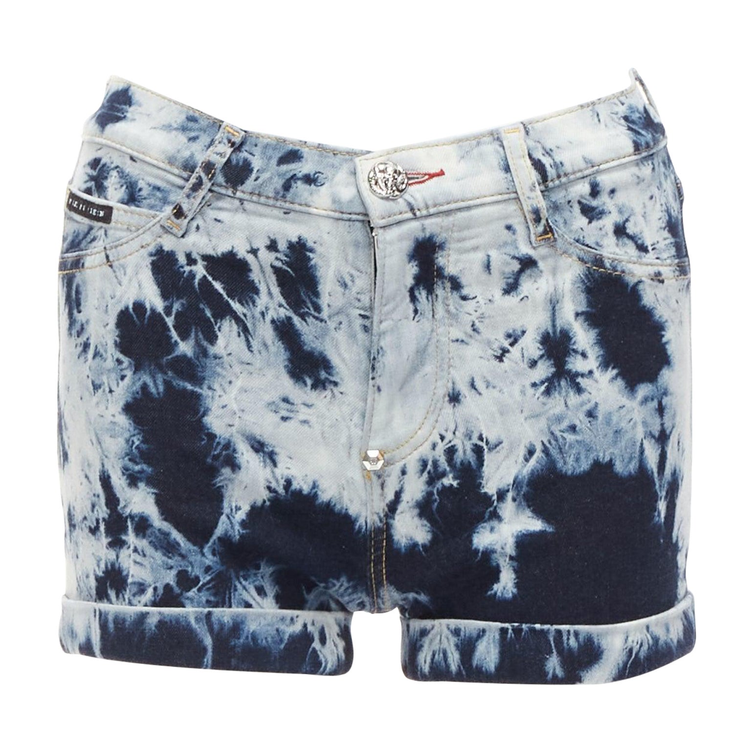 PHILLIP PLEIN High Waist Hot Pants blue tie dye washed cuffed shorts 25" For Sale