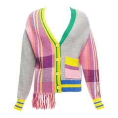 MIRA MIKATI Karierte Combo-Strickjacke mit V-Ausschnitt und Fransen und Patchworkmuster FR36 S