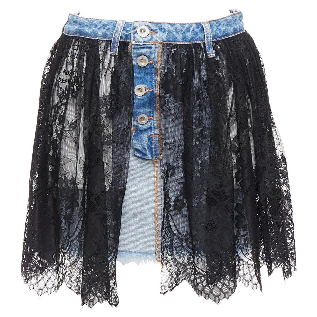 UNRAVEL PROJECT black floral lace ruffle blue denim inside out skirt 25" For Sale