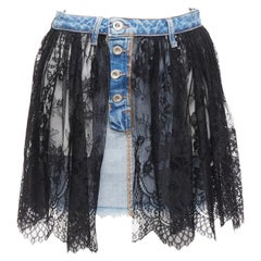 UNRAVEL PROJECT black floral lace ruffle blue denim inside out skirt 25"