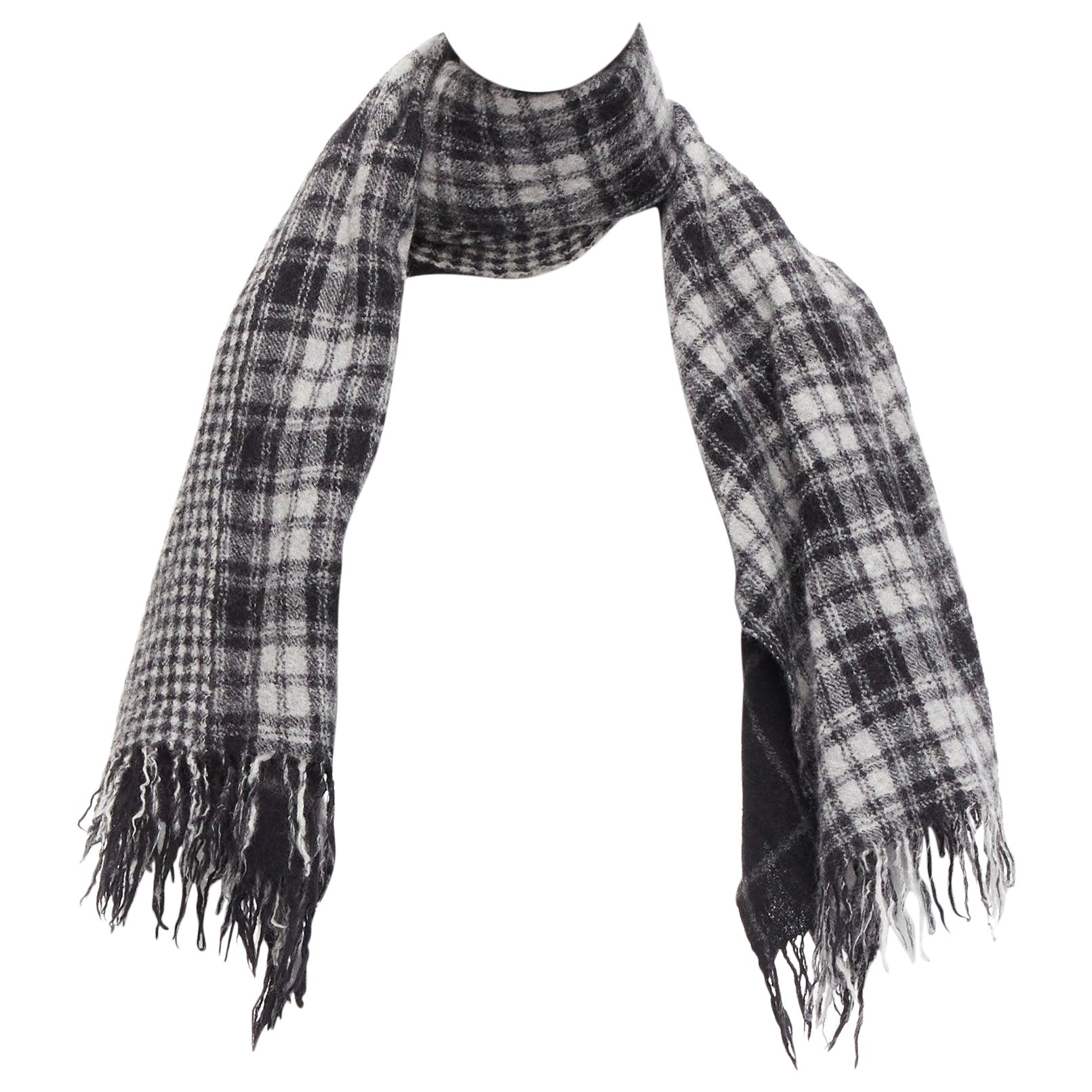 Y'S YOHJI YAMAMOTO grey 100% wool checkered black Y safety pin fringe scarf For Sale