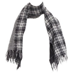 Y'S YOHJI YAMAMOTO grey 100% wool checkered black Y safety pin fringe scarf
