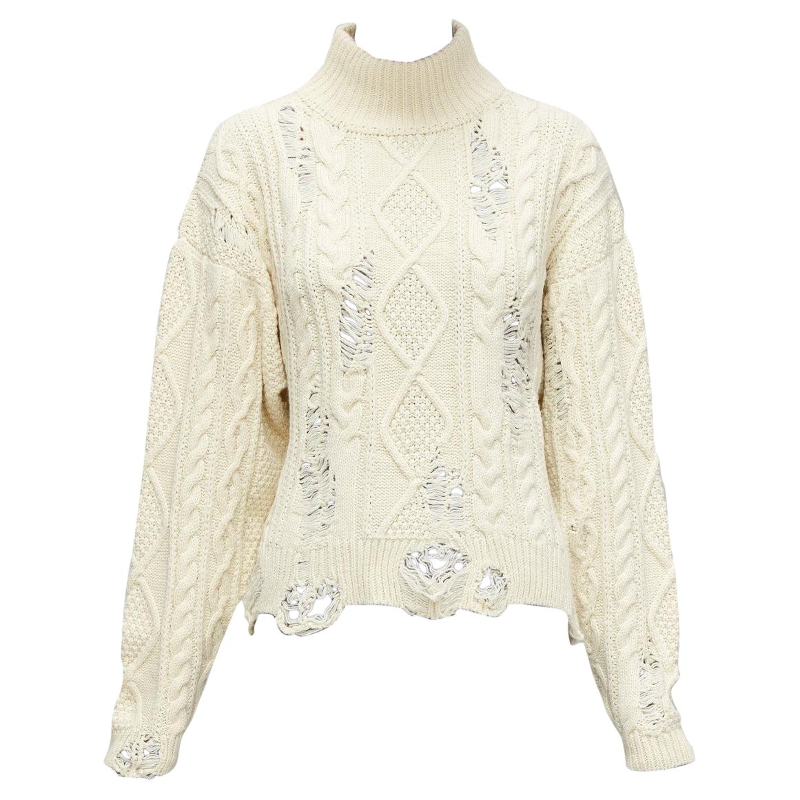 MIHARA YASUHIRO cream acrylic wool distressed cable knit pullover sweater FR36 For Sale
