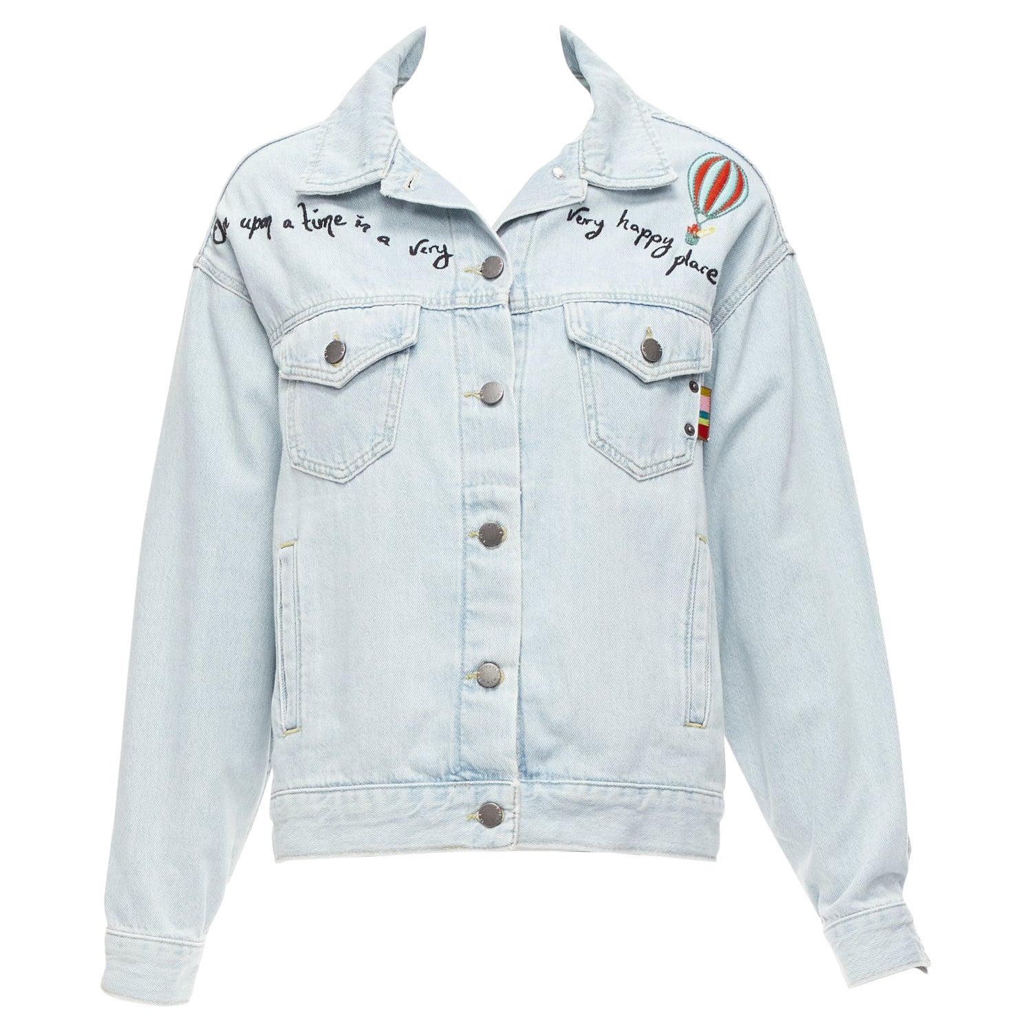 MIRA MIKATI light washed denim sheer embroidery oversized jacket FR34 XS For Sale