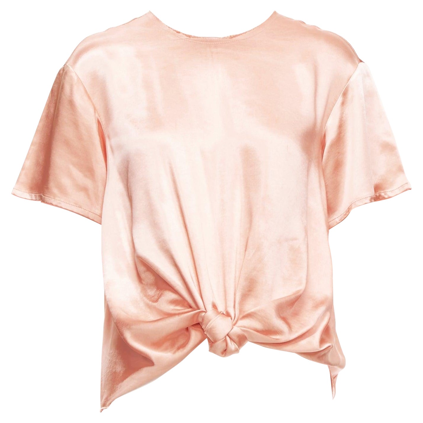 REGINA PYO pink silky satin front knot crew neck frayed edge collar top S For Sale