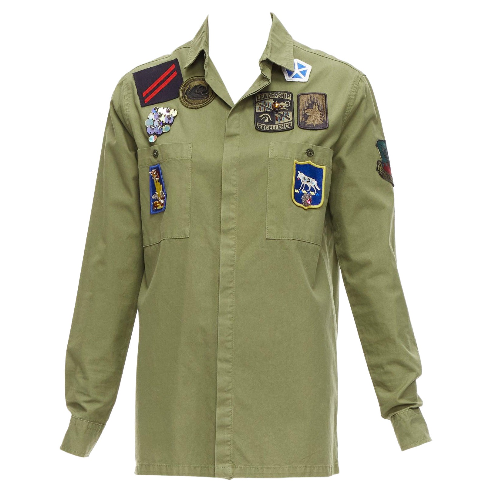 MR AND MRS ITALY khaki green beaded badges military safari shirt IT38 XS For Sale