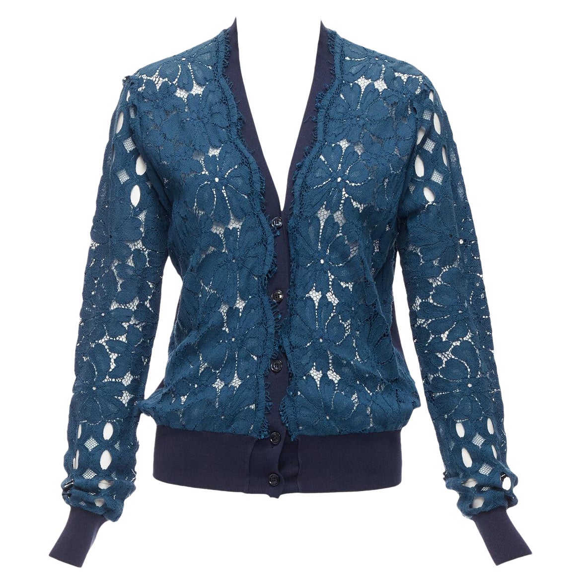 LANVIN 2015 blue silk cotton floral lace sheer long sleeve V neck cardigan S For Sale