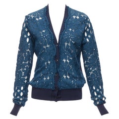 LANVIN 2015 blau Seide Baumwolle floral Spitze schiere lange Ärmel V-Ausschnitt Strickjacke S