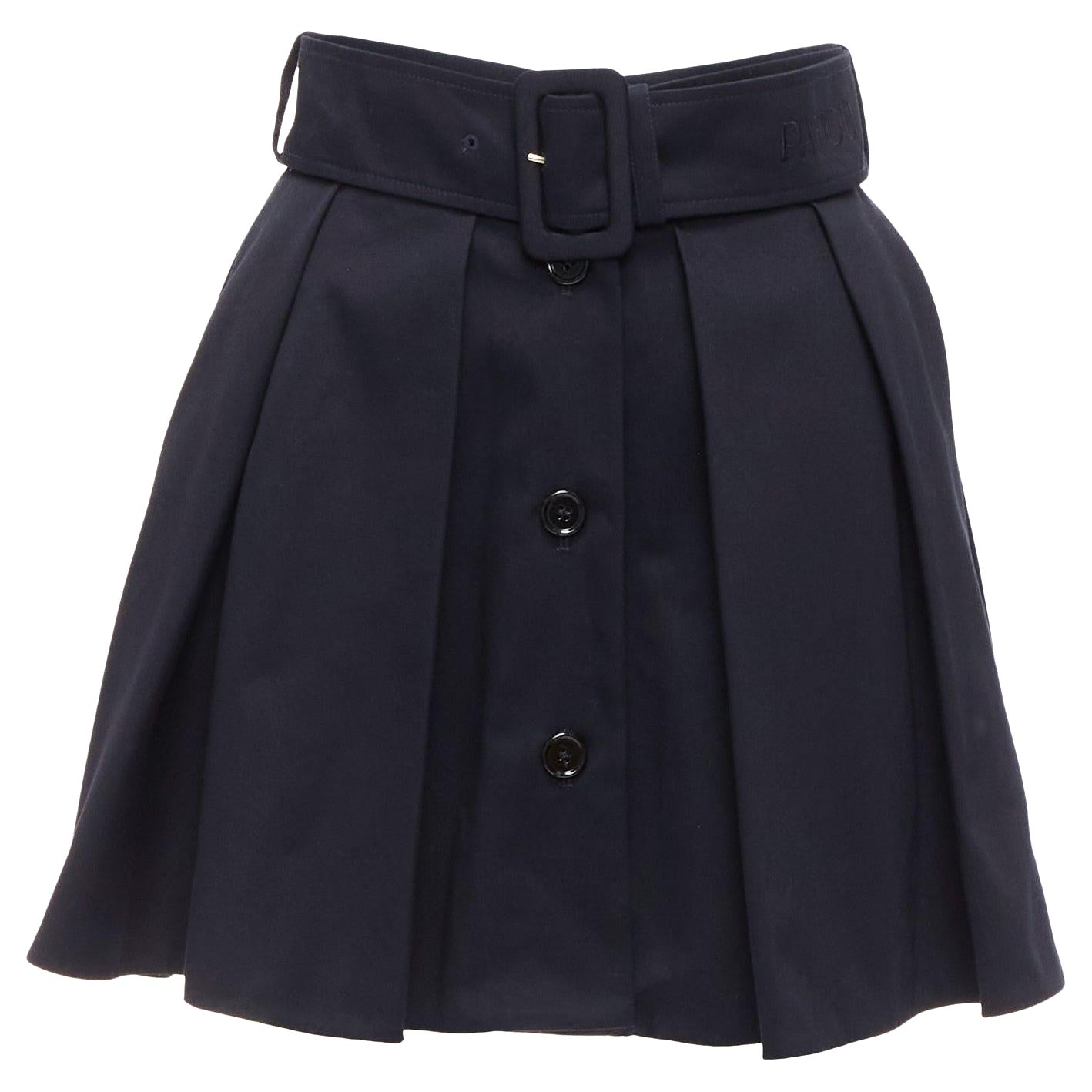 PATOU black 100% cotton button down box pleat belted mini skirt FR34 XS For Sale