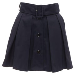 PATOU black 100% cotton button down box pleat belted mini skirt FR34 XS