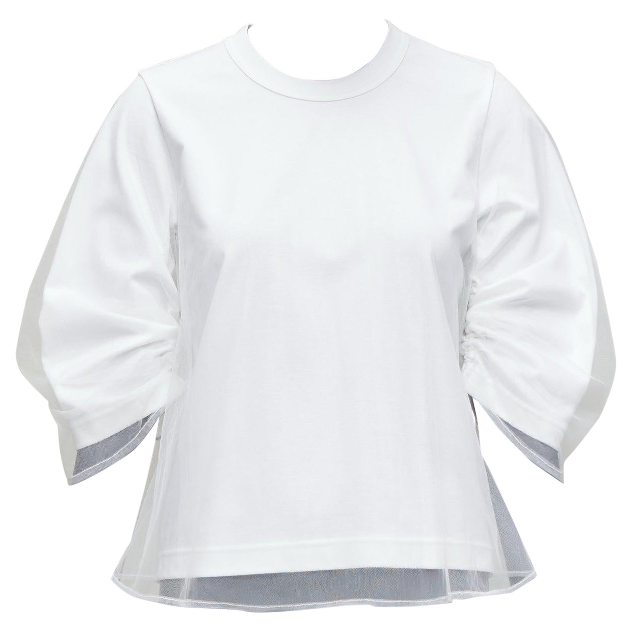 NOIR KEI NINOMIYA 2018 white cotton tulle overlay ruched sleeve tshirt XS For Sale