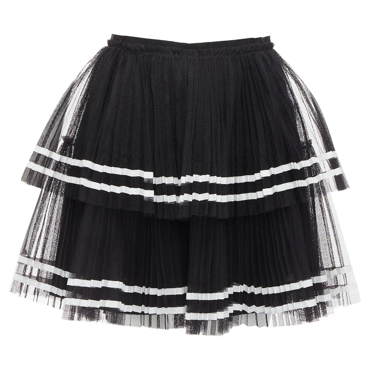 RED VALENTINO 2022 black tiered white stripe tulle pleated mini skirt IT38 XS For Sale