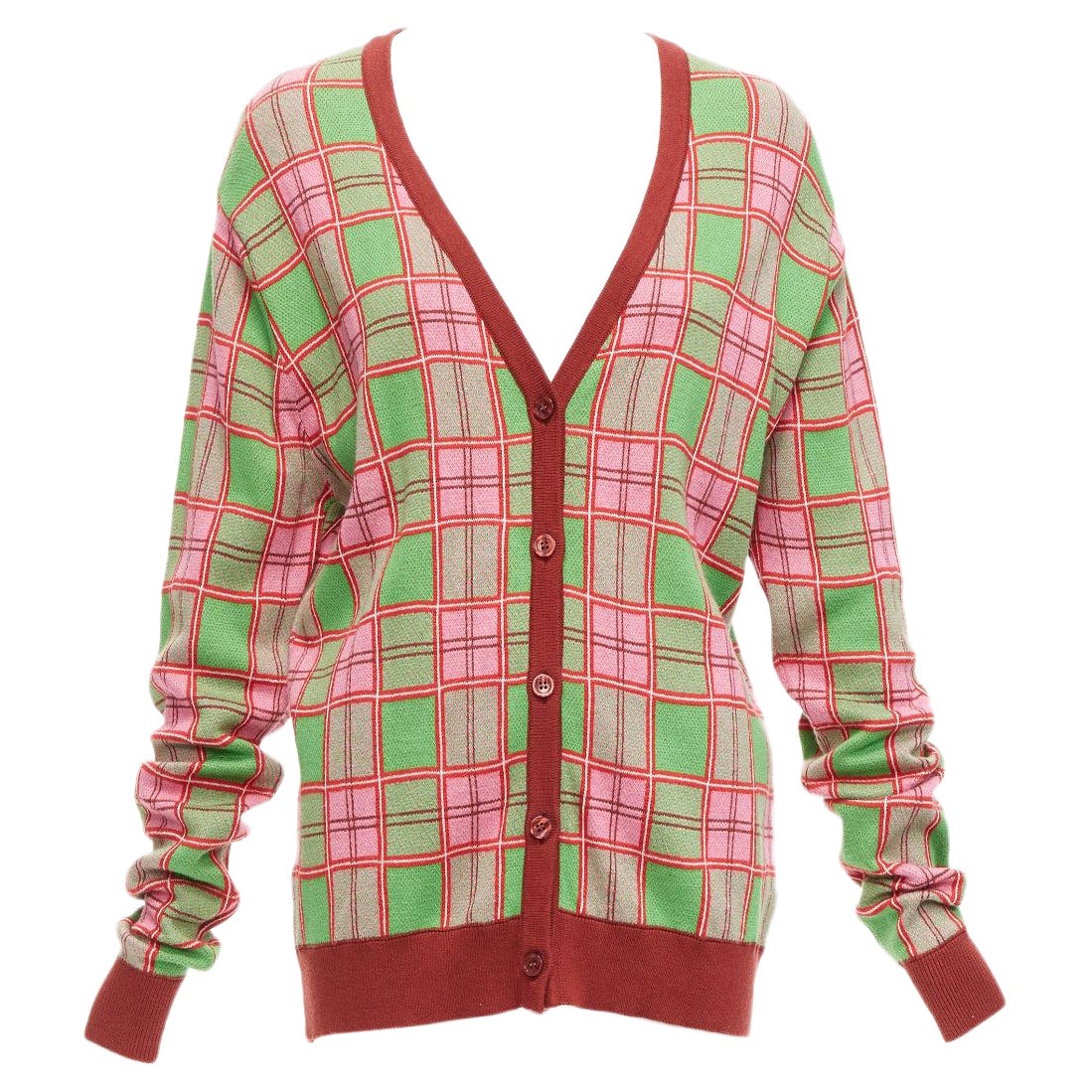 MOLLY GODDARD Emma green pink combed cotton checked intarsia cardigan L For Sale