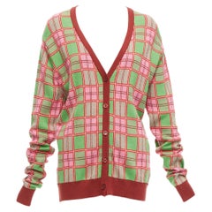 MOLLY GODDARD Emma green pink combed cotton checked intarsia cardigan L